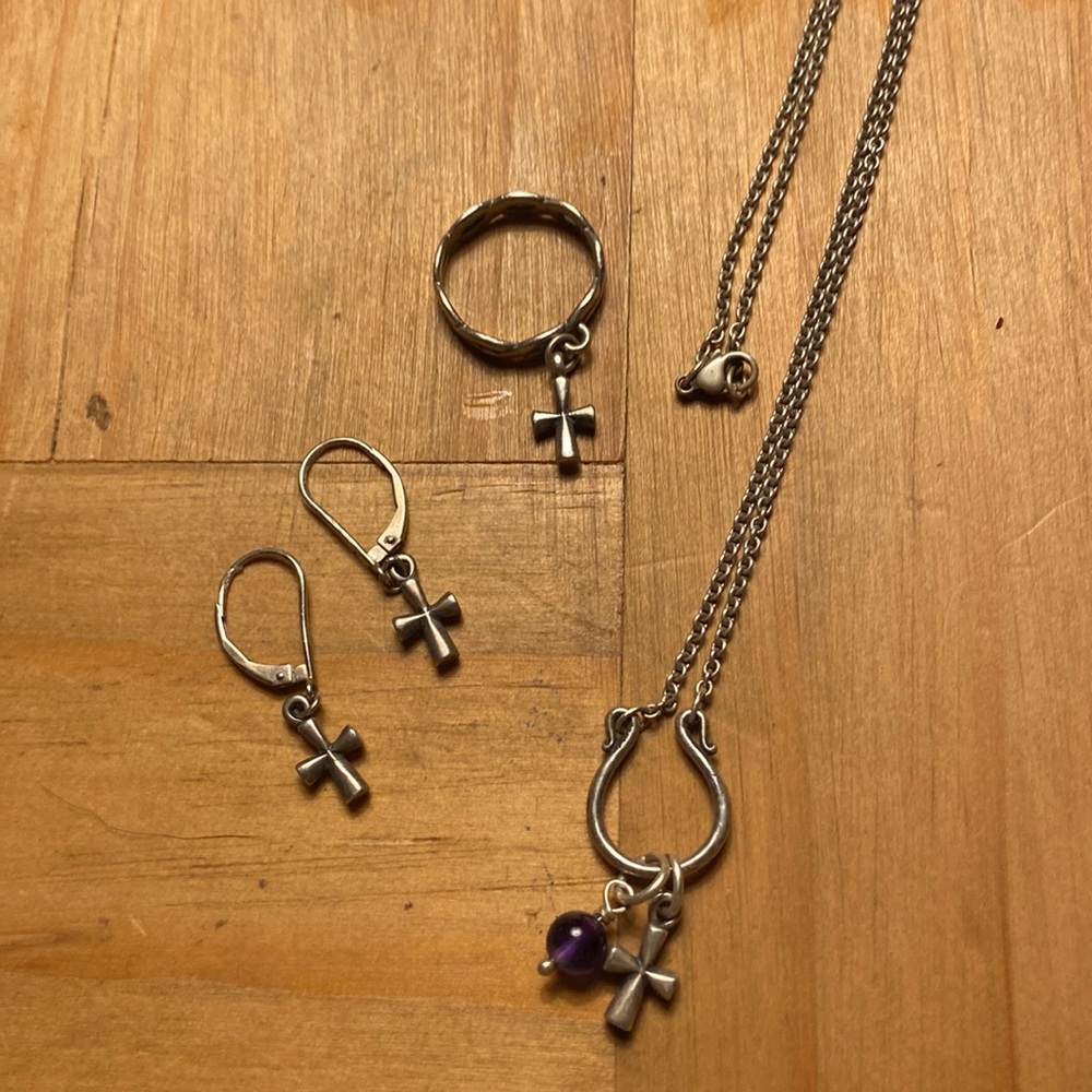 James Avery 3 pc set. St. Teresa Cross necklace, earrings & dangle twisted ring